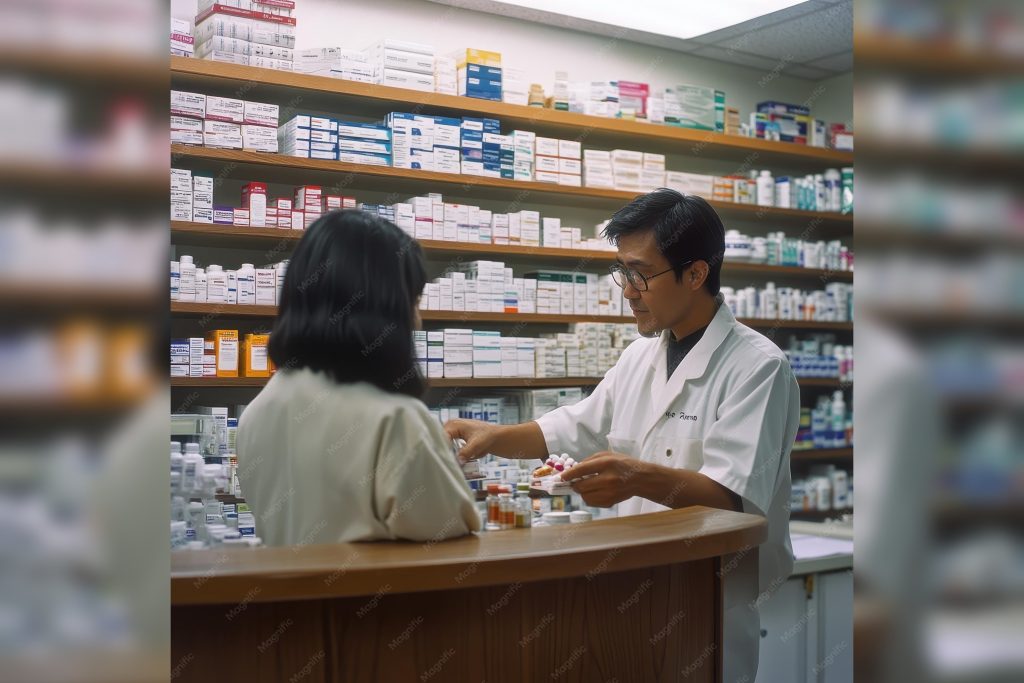 Pharmacist Dispensing Antibiotics At A Pharmacy Counter